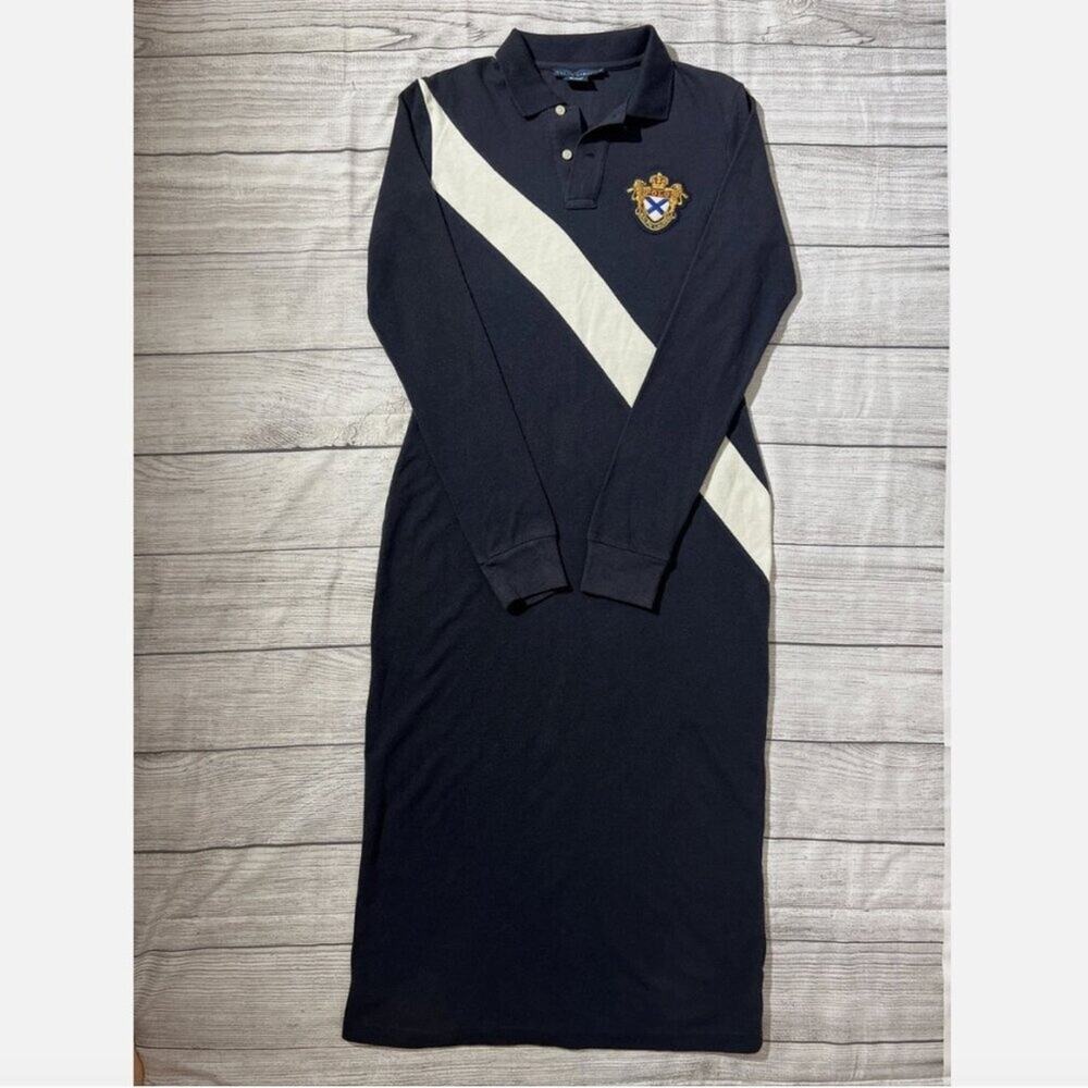Ralph Lauren Polo Maxi Navy Long Sleeve Maxi Wool Cotton Banner Crest Dress M - Picture 3 of 9